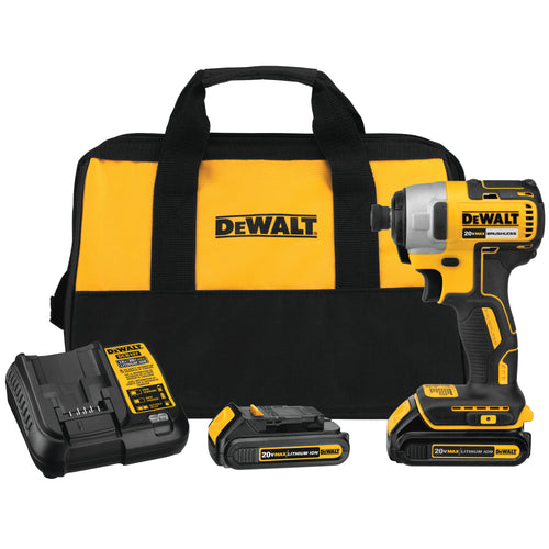 DEWALT 20V MAX LI-ION 1/4" IMPACT DRIVER W/ 2 BATTERIES AND BAG KIT