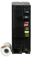 SQUARE D MINI CIRCUIT BREAKER 15A 2 POLE COMBINATION GROUND FAULT PIG TAIL PLUG IN MOUNT QO215GFI TYPE QO