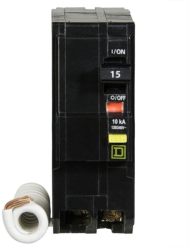 SQUARE D MINI CIRCUIT BREAKER 15A 2 POLE COMBINATION GROUND FAULT PIG TAIL PLUG IN MOUNT QO215GFI TYPE QO