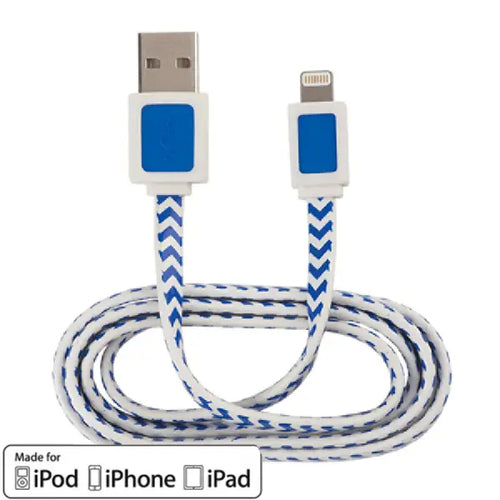 AR 3' USB 2.0 LIGHTNING CABLE FOR IPHONE / IPAD - MALE/MALE - WHITE WITH BLUE STRIPES