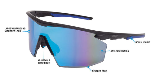 PMXSPEC® HALF FRAME SAFETY GLASSES - MATTE BLACK-BLUE FRAME/ BLUE MIRROR LENS PIT VIPER STYLE