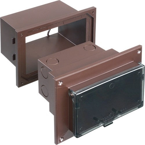 LOW PROFILE INBOX WITH ADAPTER SLEEVE FOR NEW BRICK CONSTRUCTION - ONE GANG - HORIZONTAL MOUNT - WEATHERPROOF COVER - BROWN